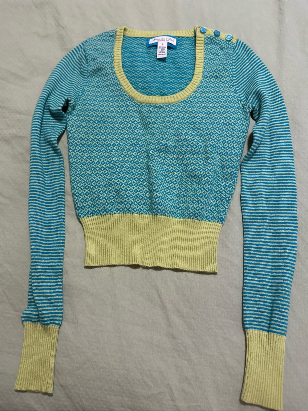 Vintage Y2K Abercrombie & Fitch Teal and Yellow Scoop Neck Sweater